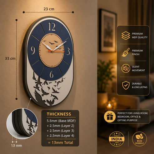 Modern Bird Design Layered MDF Wall Clock Elegant Silent Décor Living
