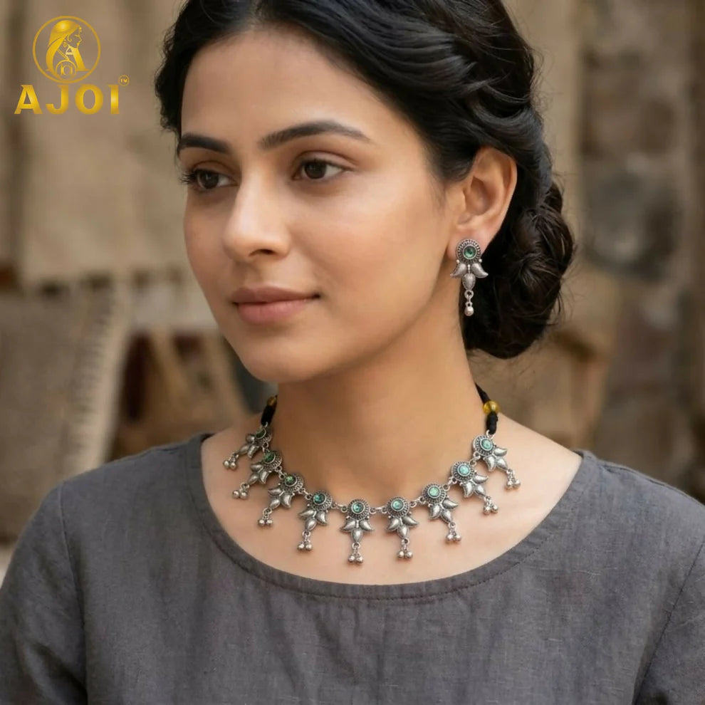 Premium Oxidised Silver-Plated Evil Eye Choker Necklace Set