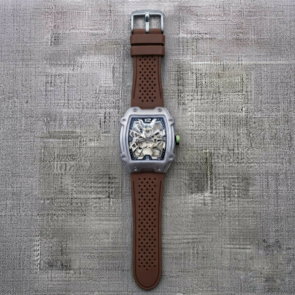 Premium Silver Dial Men's Watch With Silicone Strap For Trendy Casual Style - Orange