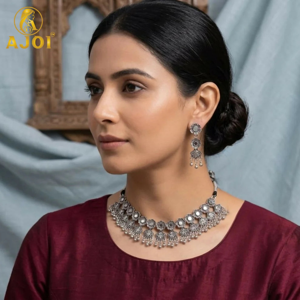 Premium Oxidised Silver-Plated Floral Choker Necklace Set