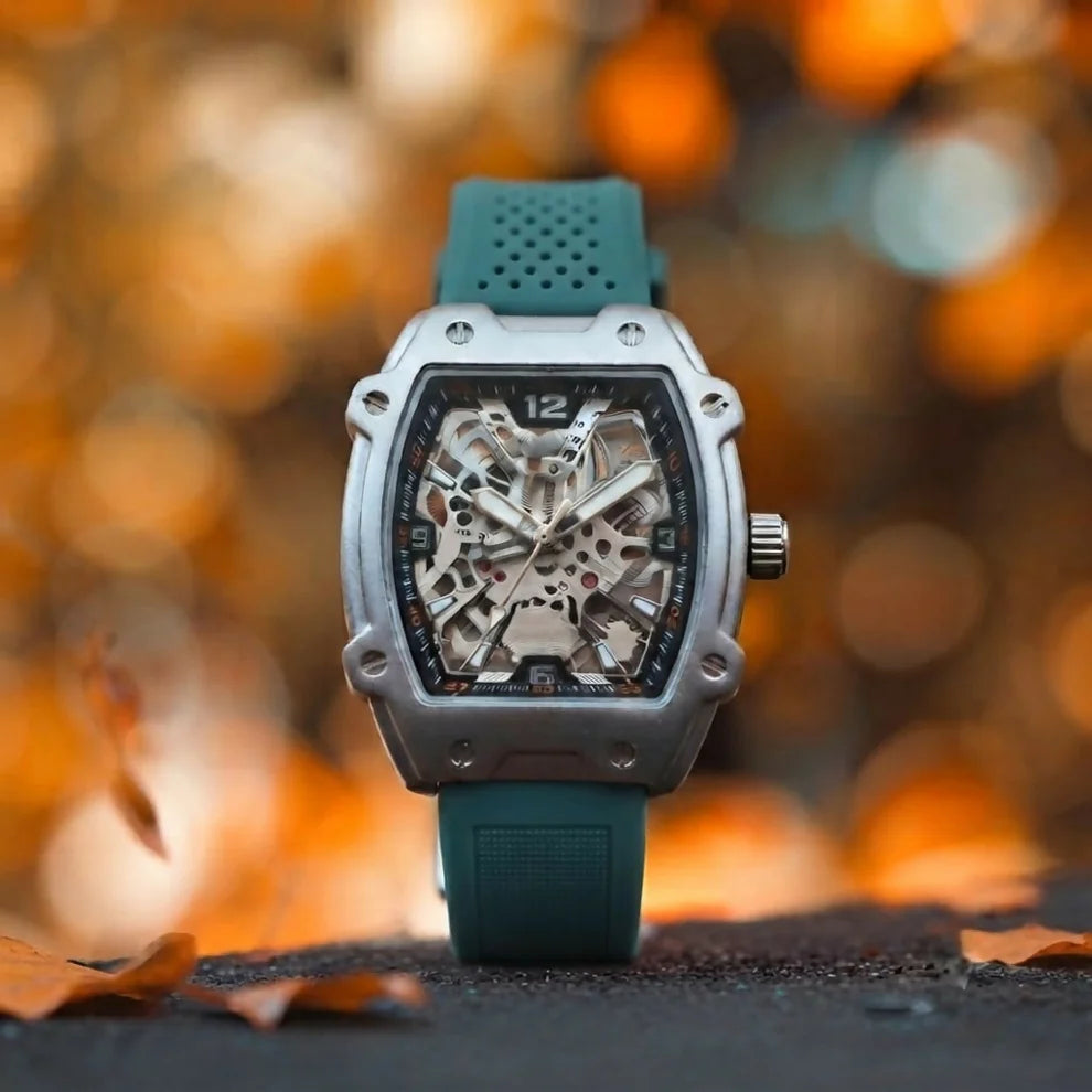 Premium Silver Dial Men's Watch With Silicone Strap For Trendy Casual Style - Orange