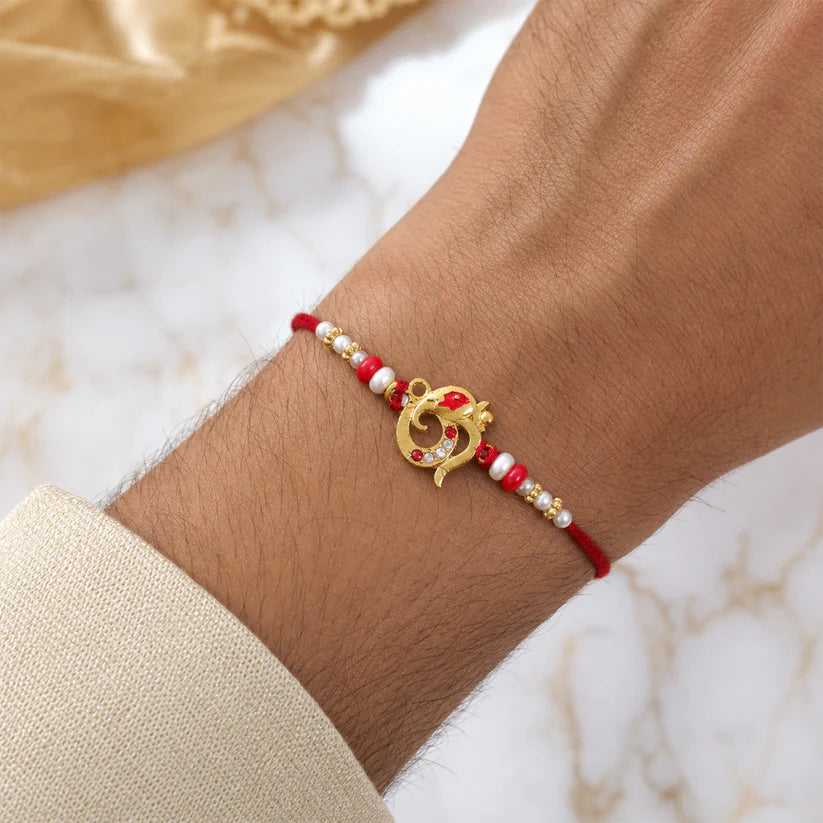 Traditional Rakhi with Red Beads and Pearl Dotted Thread – Elegant Festive Design (pack of 6)