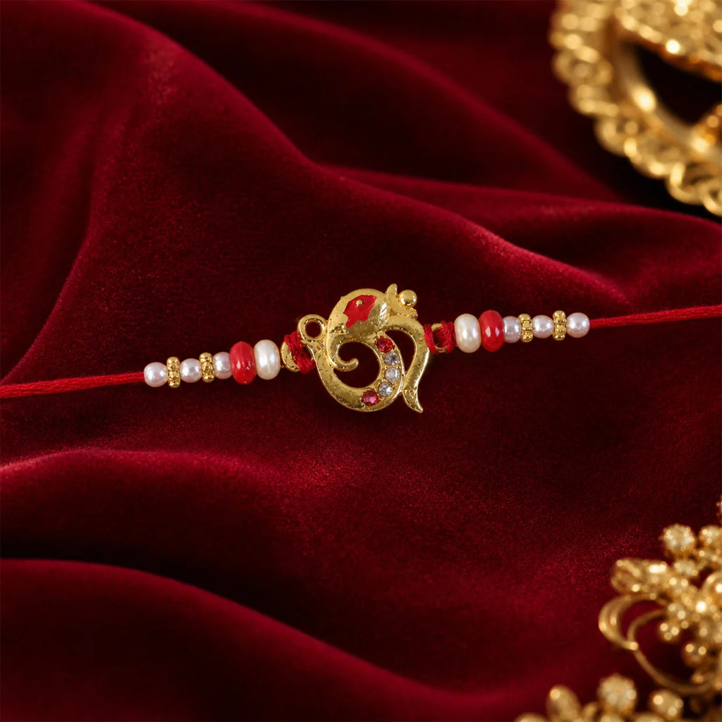 Traditional Rakhi with Red Beads and Pearl Dotted Thread – Elegant Festive Design (pack of 6)