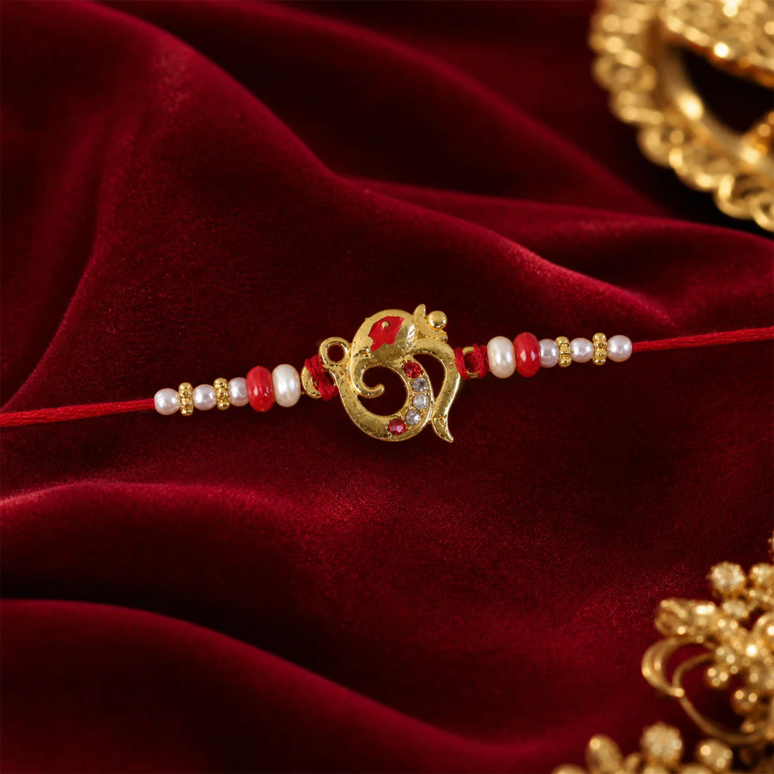 Traditional Rakhi with Red Beads and Pearl Dotted Thread – Elegant Festive Design (pack of 6)