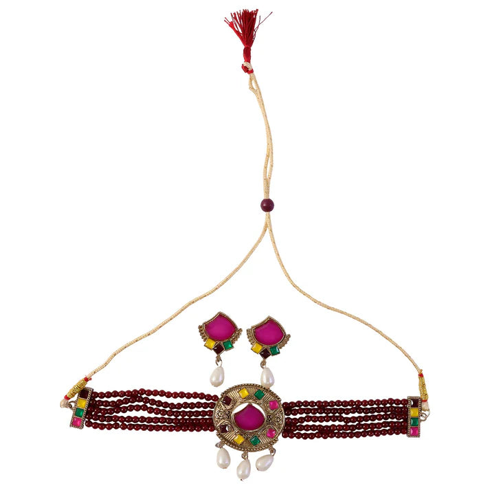 Traditional Maroon Beaded Choker – Elegant Handcrafted Design