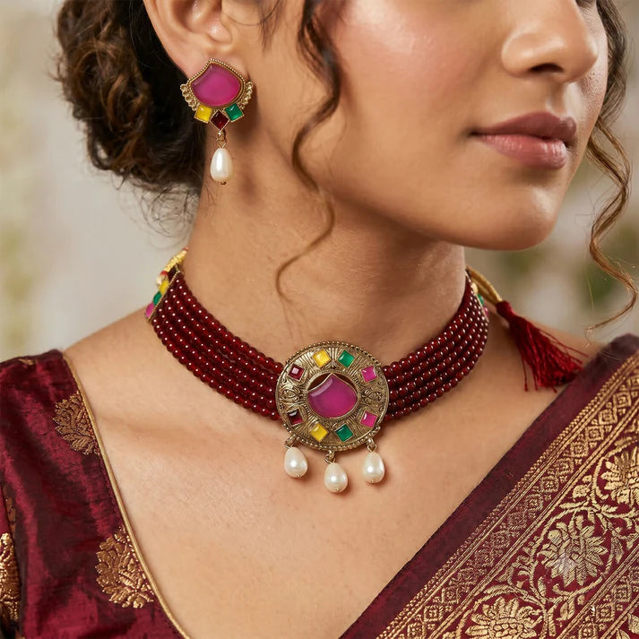 Traditional Maroon Beaded Choker – Elegant Handcrafted Design