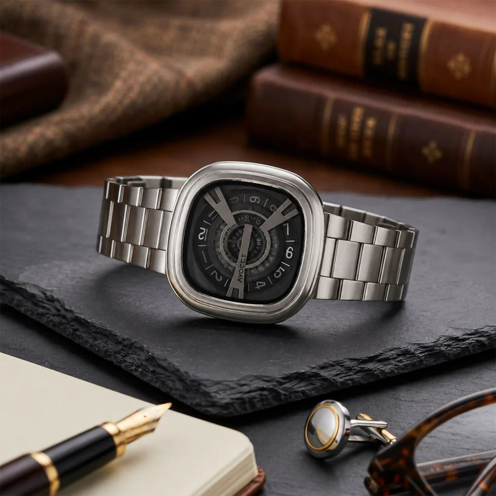 Square Analog Watch – Futuristic Black Dial with Silver Strap