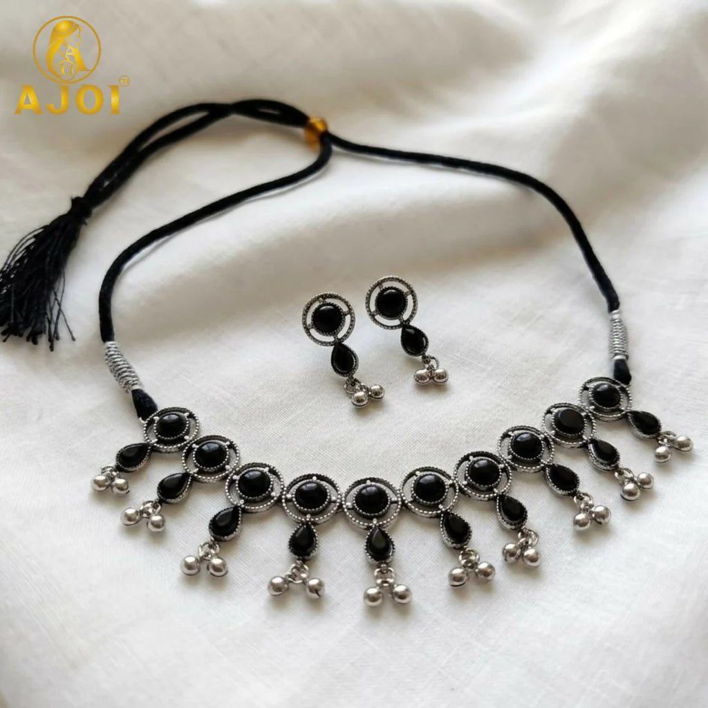 Premium Oxidised Silver-Plated Black Stone Choker Necklace Set