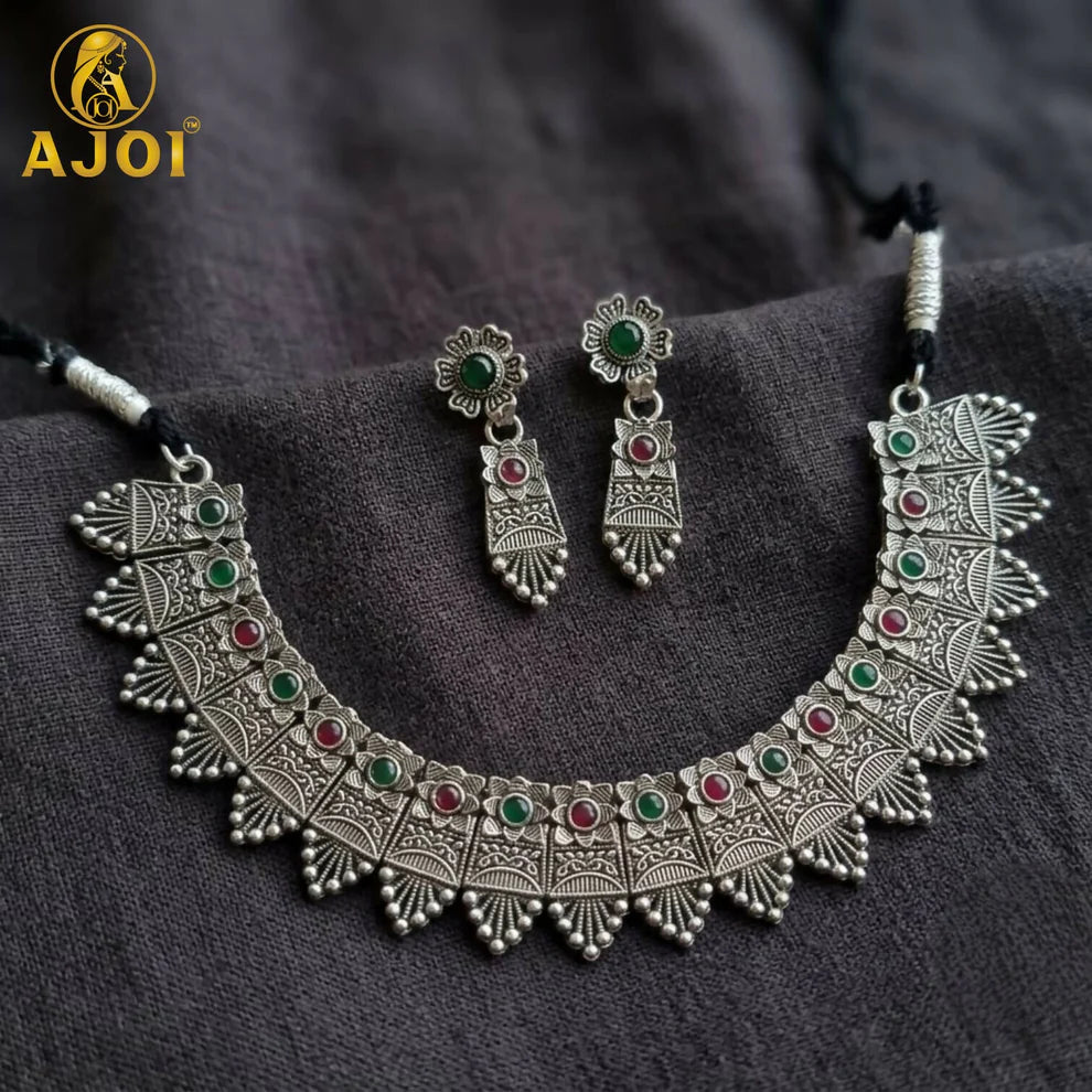Premium Oxidised Silver-Plated Ruby Stone Choker Necklace Set