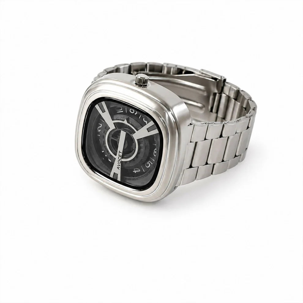Square Analog Watch – Futuristic Black Dial with Silver Strap
