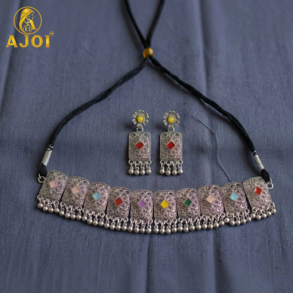 Premium Oxidised Silver-Plated Multicolor Stone Choker Necklace Set