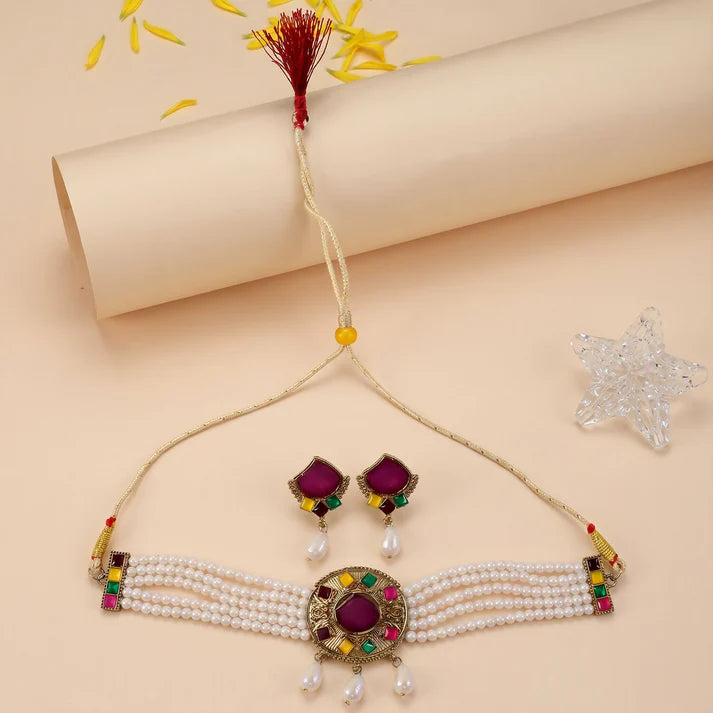 Traditional Purple Stone Pearl Choker Necklace Set – Elegant Ethnic Jewelry