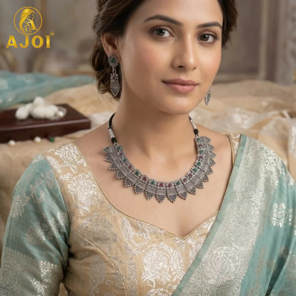 Premium Oxidised Silver-Plated Ruby Stone Choker Necklace Set