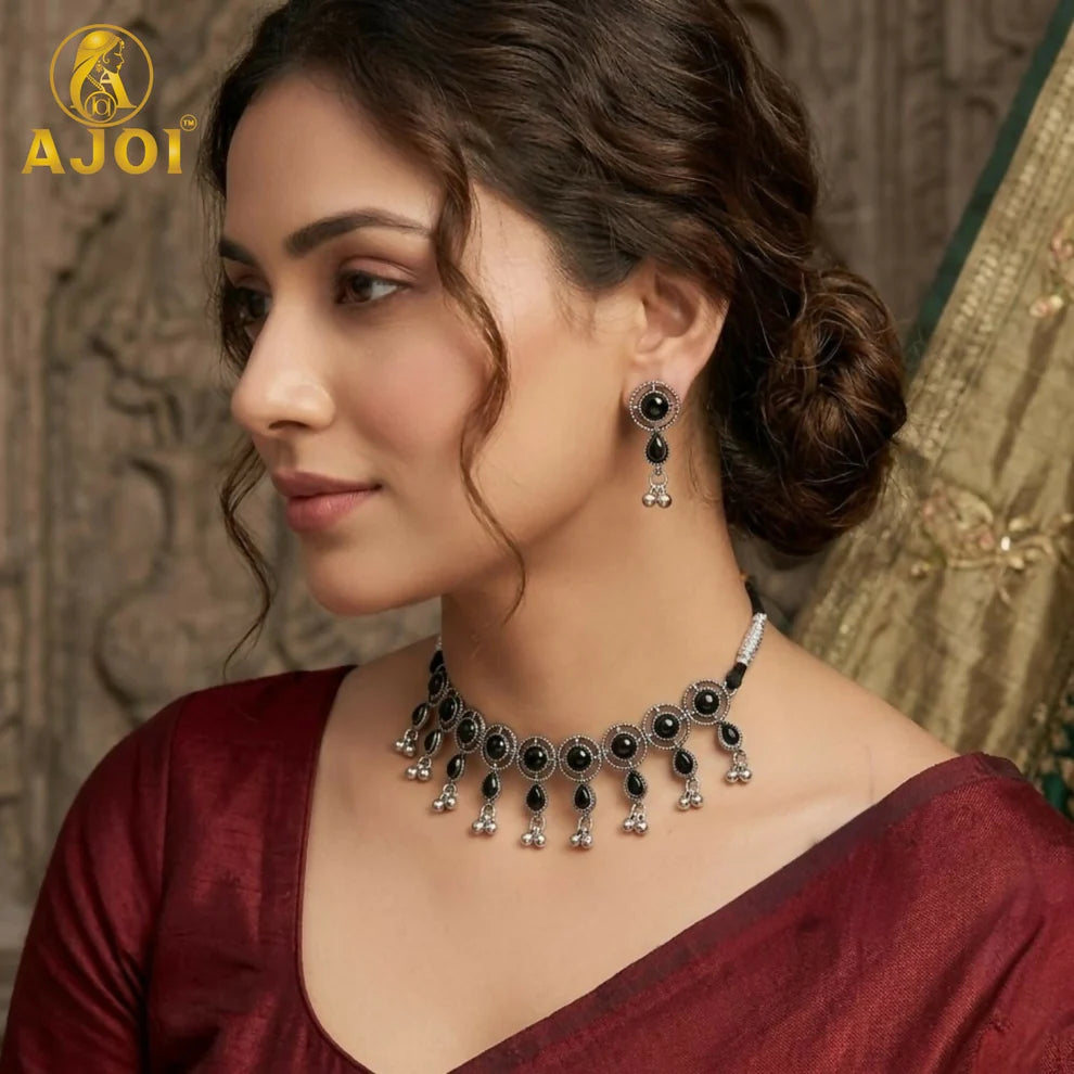 Premium Oxidised Silver-Plated Black Stone Choker Necklace Set