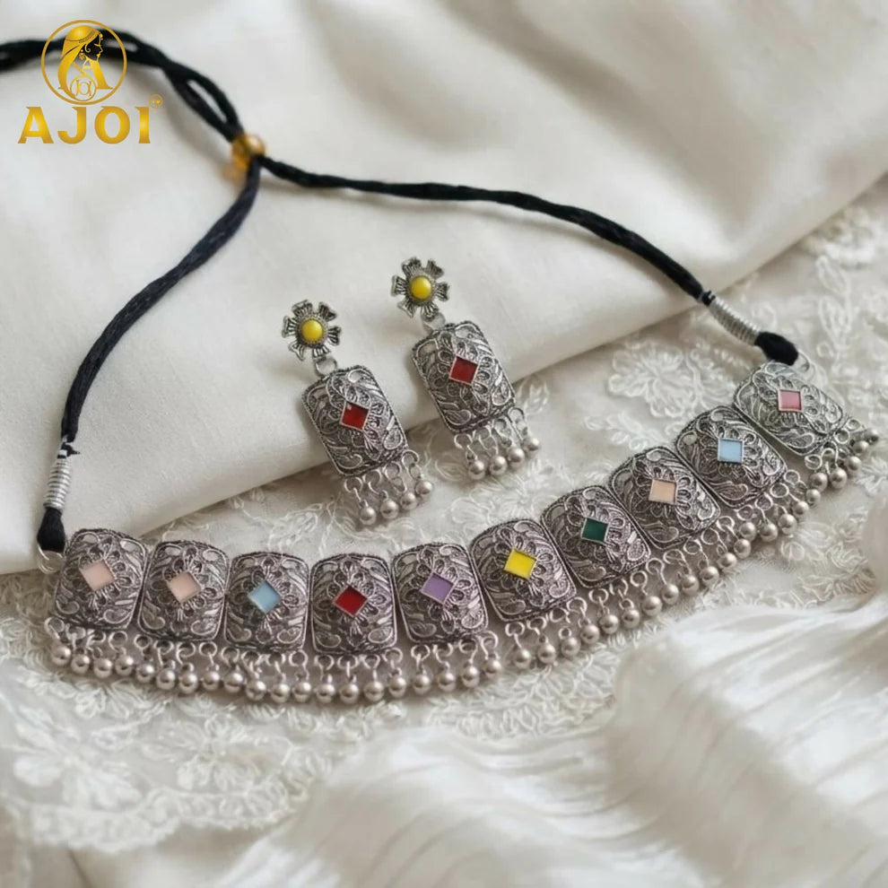 Premium Oxidised Silver-Plated Multicolor Stone Choker Necklace Set