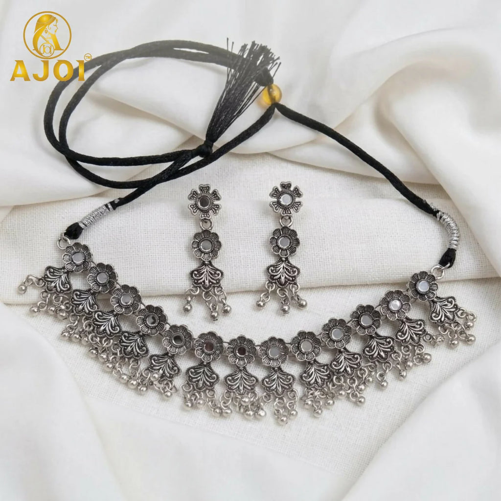 Premium Oxidised Silver-Plated Floral Choker Necklace Set