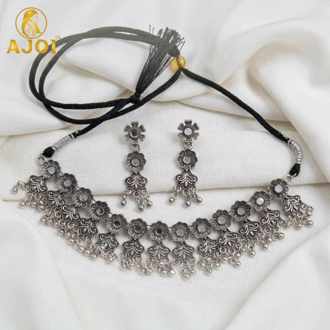 Premium Oxidised Silver-Plated Floral Choker Necklace Set
