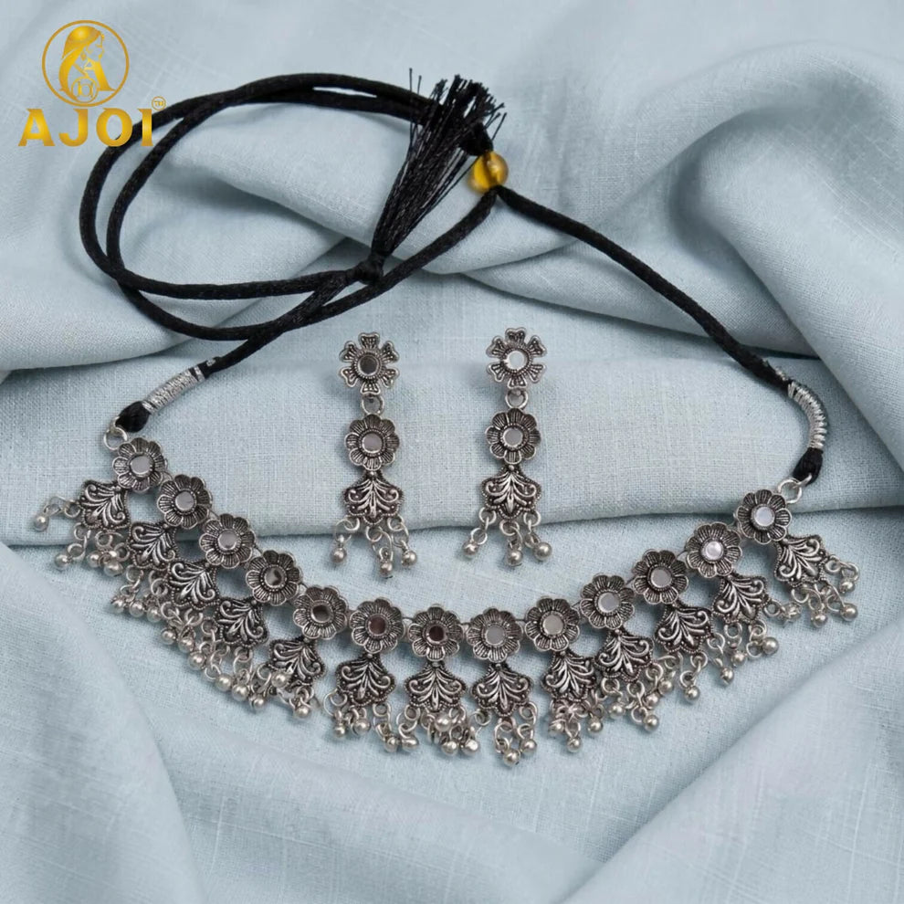 Premium Oxidised Silver-Plated Floral Choker Necklace Set