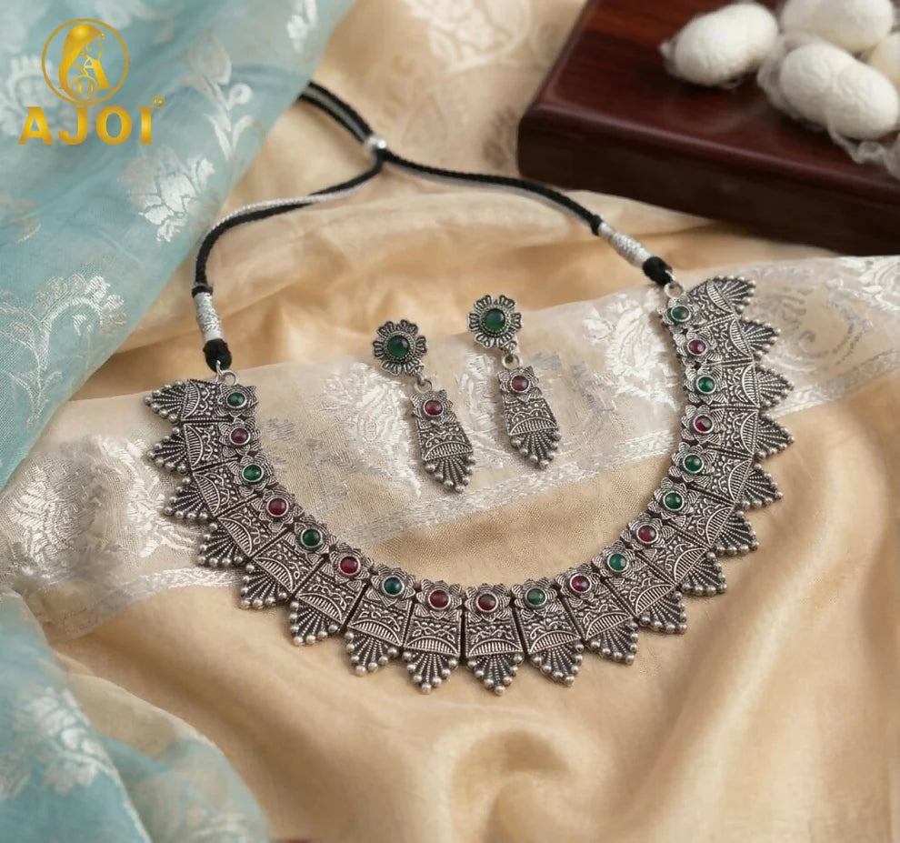 Premium Oxidised Silver-Plated Ruby Stone Choker Necklace Set