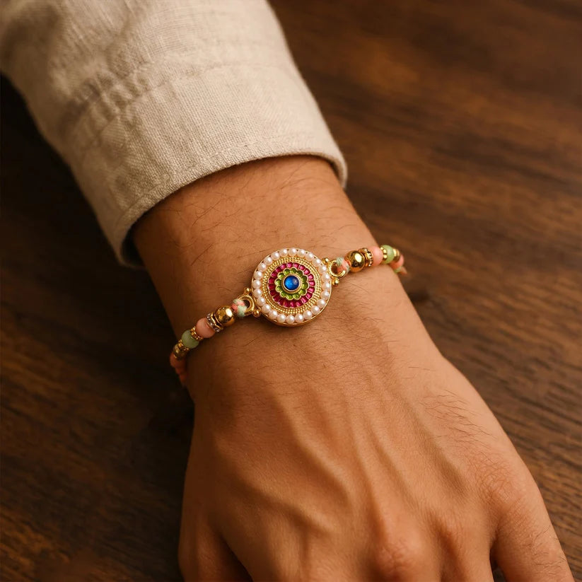 Pearl Rakhi – Elegant Beaded Floral Design for Brothers