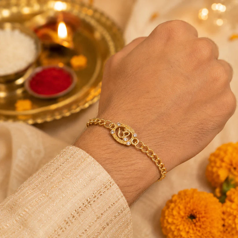 Rakshabandhan Om Stone Rakhi – Stylish Gold Tone Design for Brothers (pack of 6)