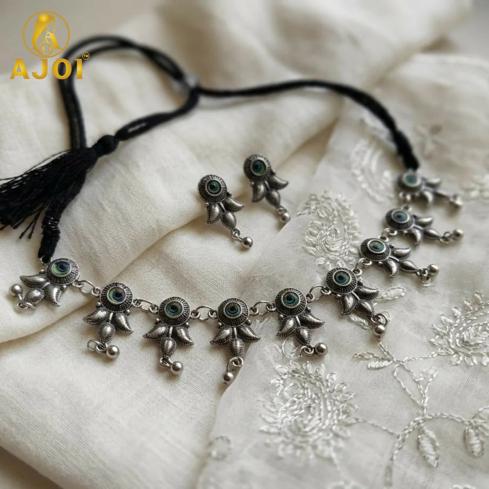 Premium Oxidised Silver-Plated Evil Eye Choker Necklace Set