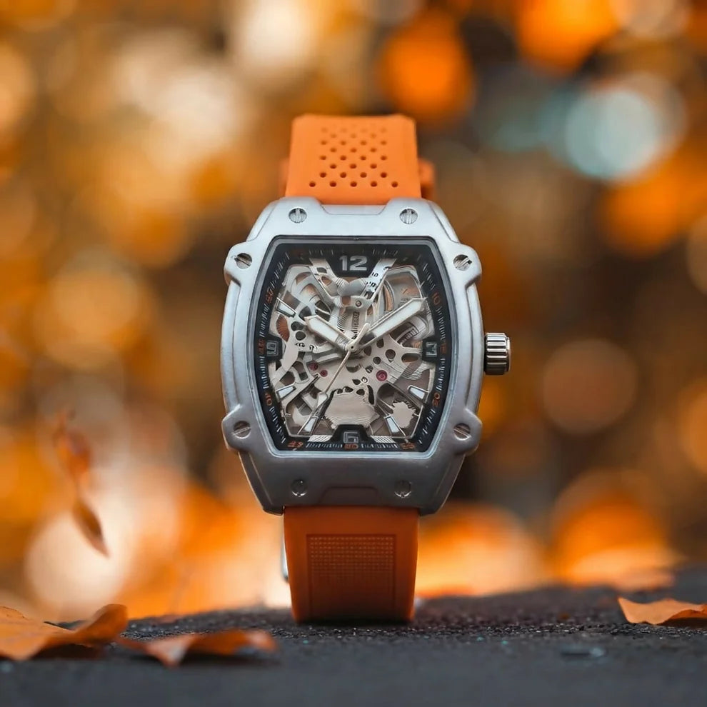 Premium Silver Dial Men's Watch With Silicone Strap For Trendy Casual Style - Orange